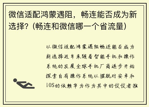 微信适配鸿蒙遇阻，畅连能否成为新选择？(畅连和微信哪一个省流量)